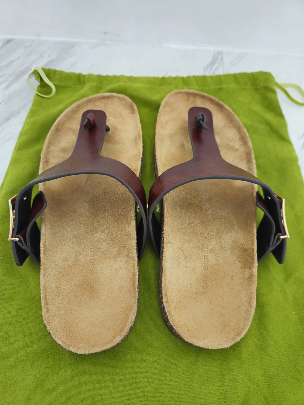Tory Burch Brown Leather Thong Sandal with Gold Logo Accent